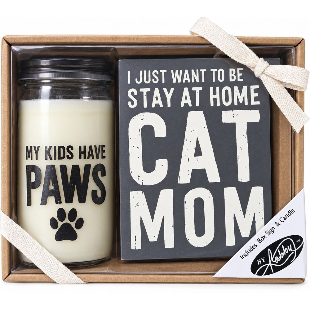Robby Cat Mom Gift Set My Kids Have Paws Candle & Stay At Home Cat Mom Box Sign